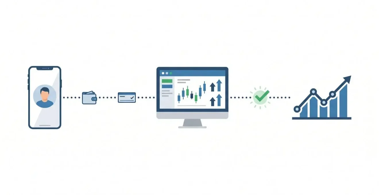 Parcours en flat design de l'utilisateur au graphique boursier, illustrant la simplicité d'investir en ETF
