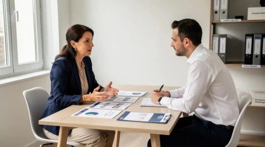 Conseillère financière expliquant une stratégie d'allocation d'ETF à un client lors d'une consultation, documents financiers sur la table