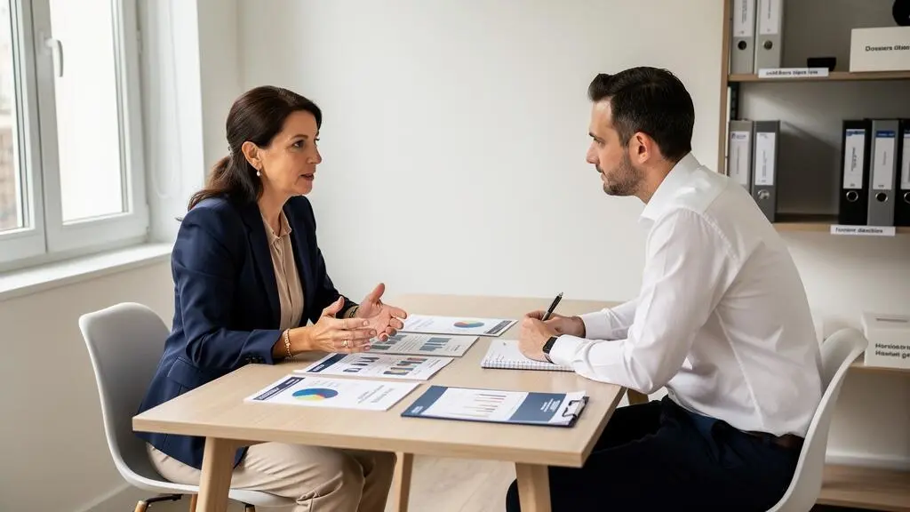 Conseillère financière expliquant une stratégie d'allocation d'ETF à un client lors d'une consultation, documents financiers sur la table