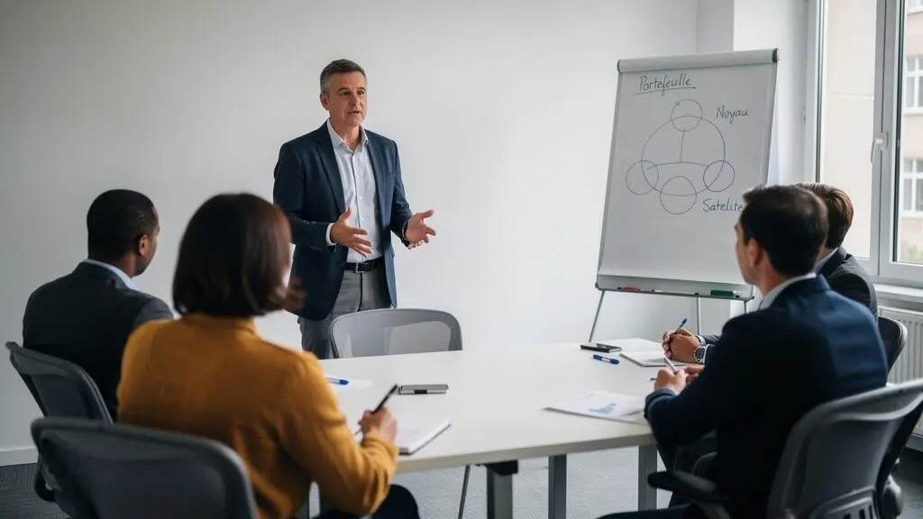 Formateur en finance personnelle expliquant le concept d'allocation cœur-satellite lors d'un atelier d'investissement
