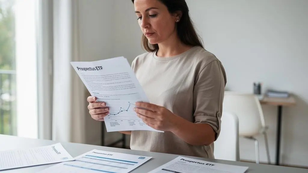 Investisseuse lisant attentivement un prospectus d'ETF près d'une fenêtre dans son espace de travail à domicile
